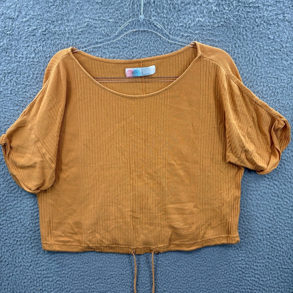 FP Beach Top Womens Small Orange Ribbed Cinched Hem Short Sleeve Crop Tee